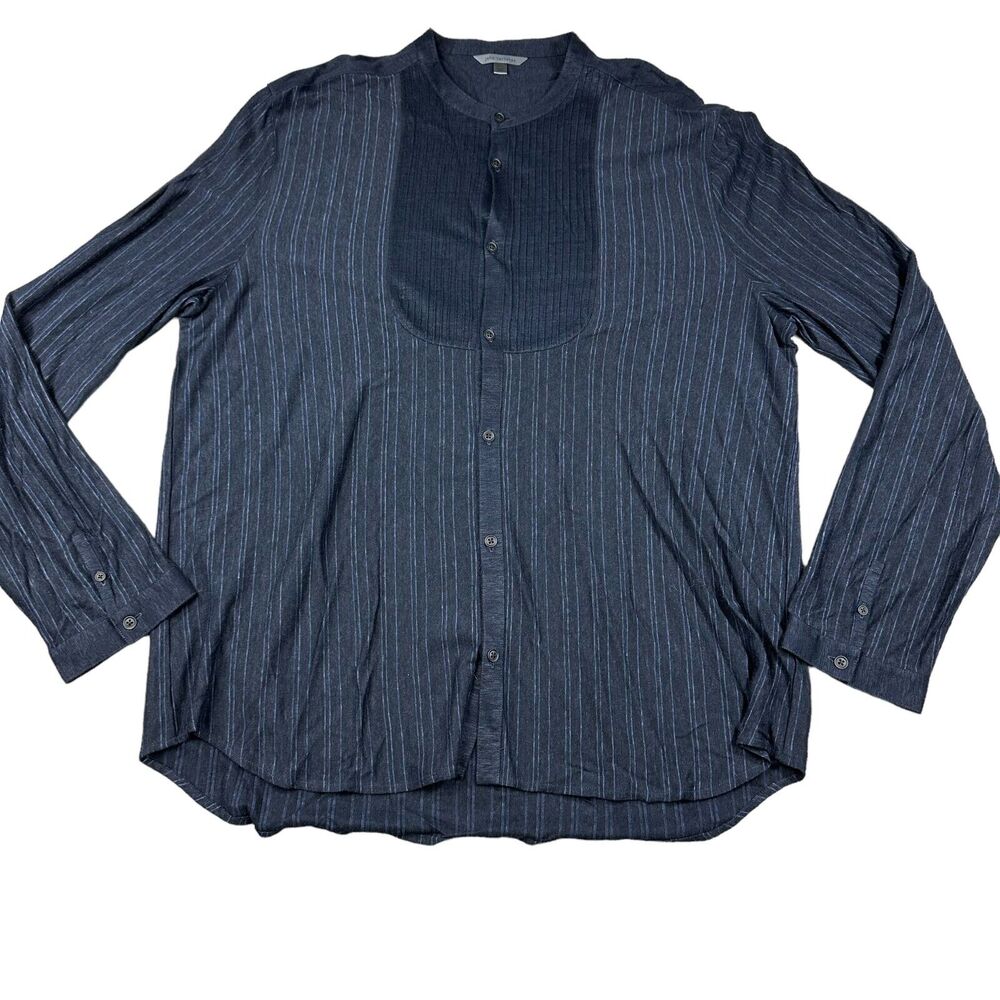 John Varvates Button Down Shirt Women XXL Navy Blue Good Striped Linen Blend Bib